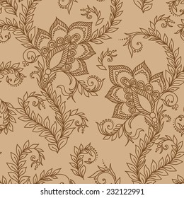 Henna Mehendi Tattoo Doodles Seamless Pattern on a brown background