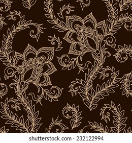 Henna Mehendi Tattoo Doodles Seamless Pattern on a brown background