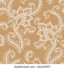 Henna Mehendi Tattoo Doodles Seamless Pattern on a brown background