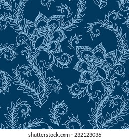 Henna Mehendi Tattoo Doodles Seamless Pattern on a blue background