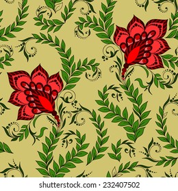 Henna Mehendi Tattoo Doodles Seamless Pattern on a green background