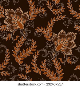 Henna Mehendi Tattoo Doodles Seamless Pattern on a brown background