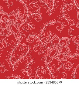 Henna Mehendi Tattoo Doodles Seamless Pattern on a red background