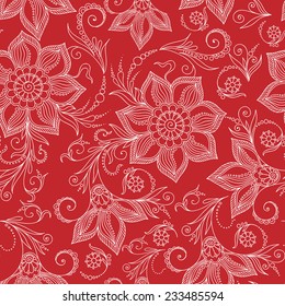 Henna Mehendi Tattoo Doodles Seamless Pattern on a red background