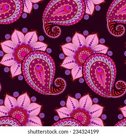 Henna Mehendi Tattoo Doodles Seamless Pattern on a dark pink background