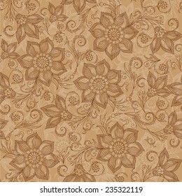 Henna Mehendi Tattoo Doodles Seamless Pattern on a brown background