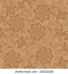 Henna Mehendi Tattoo Doodles Seamless Pattern on a brown background