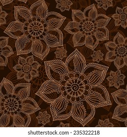 Henna Mehendi Tattoo Doodles Seamless Pattern on a brown background