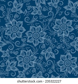 Henna Mehendi Tattoo Doodles Seamless Pattern on a blue background