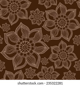 Henna Mehendi Tattoo Doodles Seamless Pattern on a brown background
