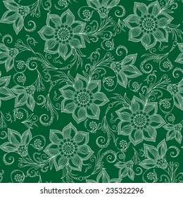 Henna Mehendi Tattoo Doodles Seamless Pattern on a green background