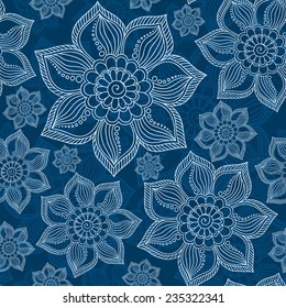 Henna Mehendi Tattoo Doodles Seamless Pattern on a blue background