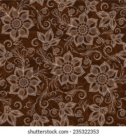 Henna Mehendi Tattoo Doodles Seamless Pattern on a brown background