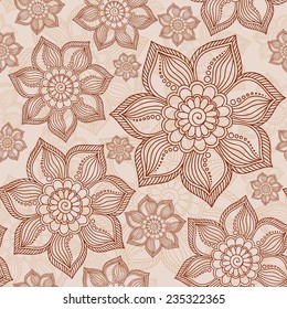 Henna Mehendi Tattoo Doodles Seamless Pattern on a brown background