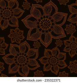 Henna Mehendi Tattoo Doodles Seamless Pattern on a brown background