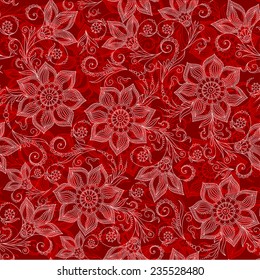 Henna Mehendi Tattoo Doodles Seamless Pattern on a red background