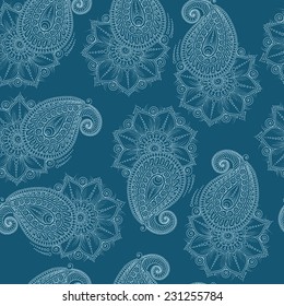 Henna MehendyTattoo Doodles Seamless Pattern on a blue background