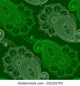 Henna MehendyTattoo Doodles Seamless Pattern on a  green  background