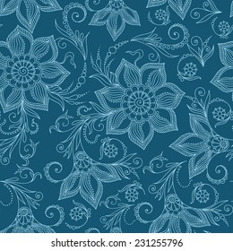 Henna MehendyTattoo Doodles Seamless Pattern on a blue background