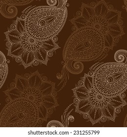 Henna MehendyTattoo Doodles Seamless Pattern on a brown background