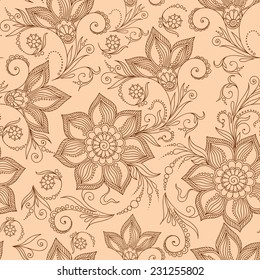 Henna MehendyTattoo Doodles Seamless Pattern on a brown background