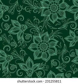 Henna MehendyTattoo Doodles Seamless Pattern on a green background