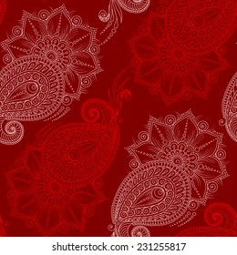 Henna MehendyTattoo Doodles Seamless Pattern on a red background