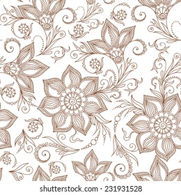 Henna MehendyTattoo Doodles Seamless Pattern on a brown background