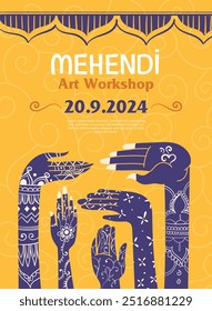 Henna, cartaz de oficina de arte Mehndi para publicidade, vetor artístico cultural e tradicional colorido, Hindu, oficina de arte indiana, gestos de mão