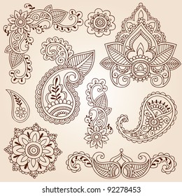 Henna Mehndi Doodles Abstract Floral Paisley Design Elements, Mandala, and Page Corner Design Vector Illustration