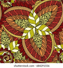 Henna mehndi doodles design pattern. Seamless textile pattern in asian batik style. An abstract hand drawn floral seamless pattern
