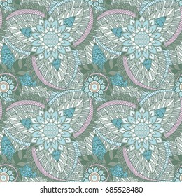 Henna mehndi doodles design pattern. Seamless textile pattern in asian batik style. An abstract hand drawn floral seamless pattern