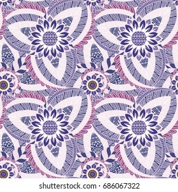 Henna mehndi doodles design pattern. Seamless textile pattern in asian batik style. An abstract hand drawn floral seamless pattern