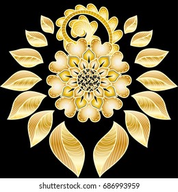 Henna mehndi doodles design pattern. An abstract golden hand drawn floral pattern in asian batik style. Isolated on black