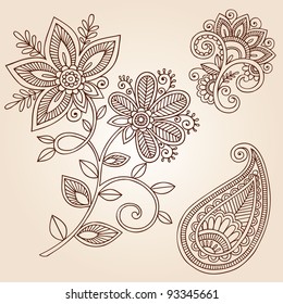 Henna Mehndi Flower Doodles Abstract Floral Paisley Design Elements Vector Illustration