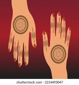 Henna Mehndi Hands Vector Illustration, Hand Drawn Henna Vector Design, Mandala Henna Round Mehndi Design Circle Henna Mehndi Collection Design With Red Maroon Background