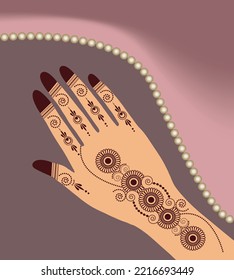 Henna Mehndi Hands Vector Illustration, Hand Drawn Henna Vector Design, Mandala Henna Round Mehndi Design Circle Henna Mehndi Collection Design With Red Maroon Background