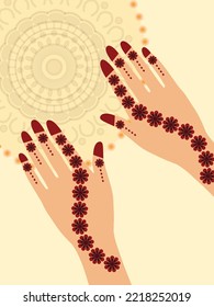 Henna Mehndi Hands Vector Illustration, Hand Drawn Henna Vector Design, Mandala Henna Round Mehndi Design Circle Henna Mehndi Collection Design With Red Maroon Background