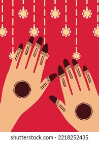 Henna Mehndi Hands Vector Illustration, Hand Drawn Henna Vector Design, Mandala Henna Round Mehndi Design Circle Henna Mehndi Collection Design With Red Maroon Background