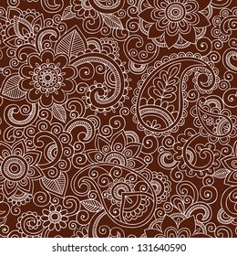 Henna Mehndi Tattoo Doodles Seamless Pattern - Flores Paisley Elementos de diseño de ilustración sobre fondo marrón oscuro