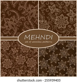 Henna Mehndi Tattoo Doodles Seamless Pattern Background Collection.  Flowers Illustration Design Elements