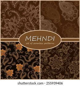 Henna Mehndi Tattoo Doodles Seamless Pattern Background Collection.  Flowers Illustration Design Elements