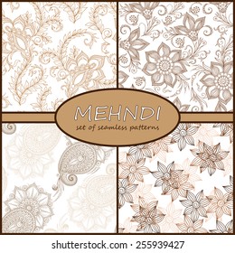 Henna Mehndi Tattoo Doodles Seamless Pattern Background Collection.  Flowers Illustration Design Elements