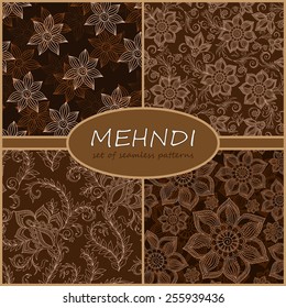 Henna Mehndi Tattoo Doodles Seamless Pattern Background Collection.  Flowers Illustration Design Elements