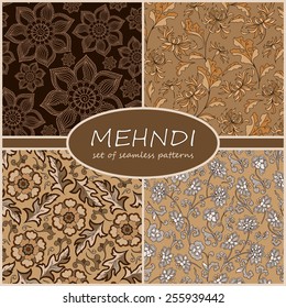 Henna Mehndi Tattoo Doodles Seamless Pattern Background Collection.  Flowers Illustration Design Elements