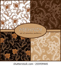 Henna Mehndi Tattoo Doodles Seamless Pattern Background Collection.  Flowers Illustration Design Elements