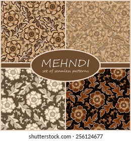 Henna Mehndi Tattoo Doodles Seamless Pattern Background Collection. Flowers Illustration Design Elements