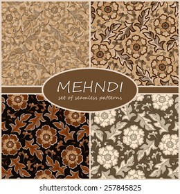 Henna Mehndi Tattoo Doodles Seamless Pattern Background Collection. Flowers Illustration Design Elements