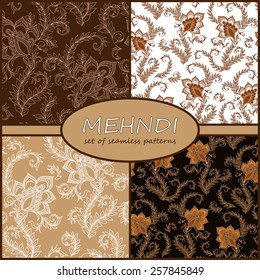 Henna Mehndi Tattoo Doodles Seamless Pattern Background Collection. Flowers Illustration Design Elements