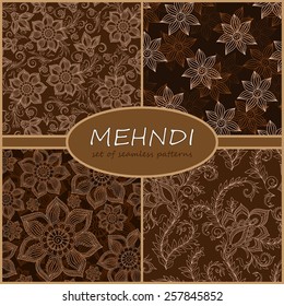 Henna Mehndi Tattoo Doodles Seamless Pattern Background Collection. Flowers Illustration Design Elements